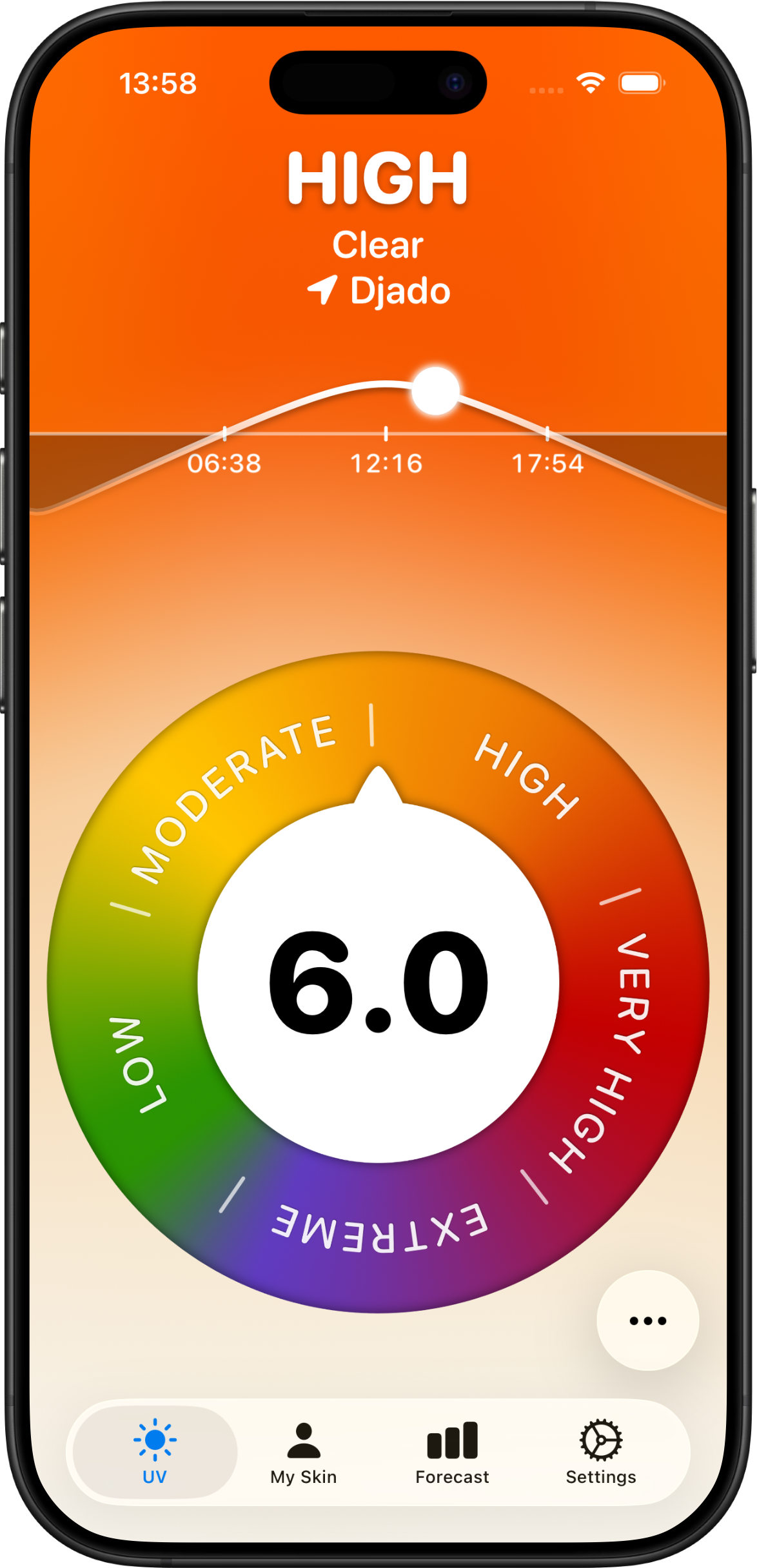 The app's main view on iPhone: UV index 6.0 shown as a color-coded dial pointing at High, with a solar graph, clear-sky conditions and location at the top