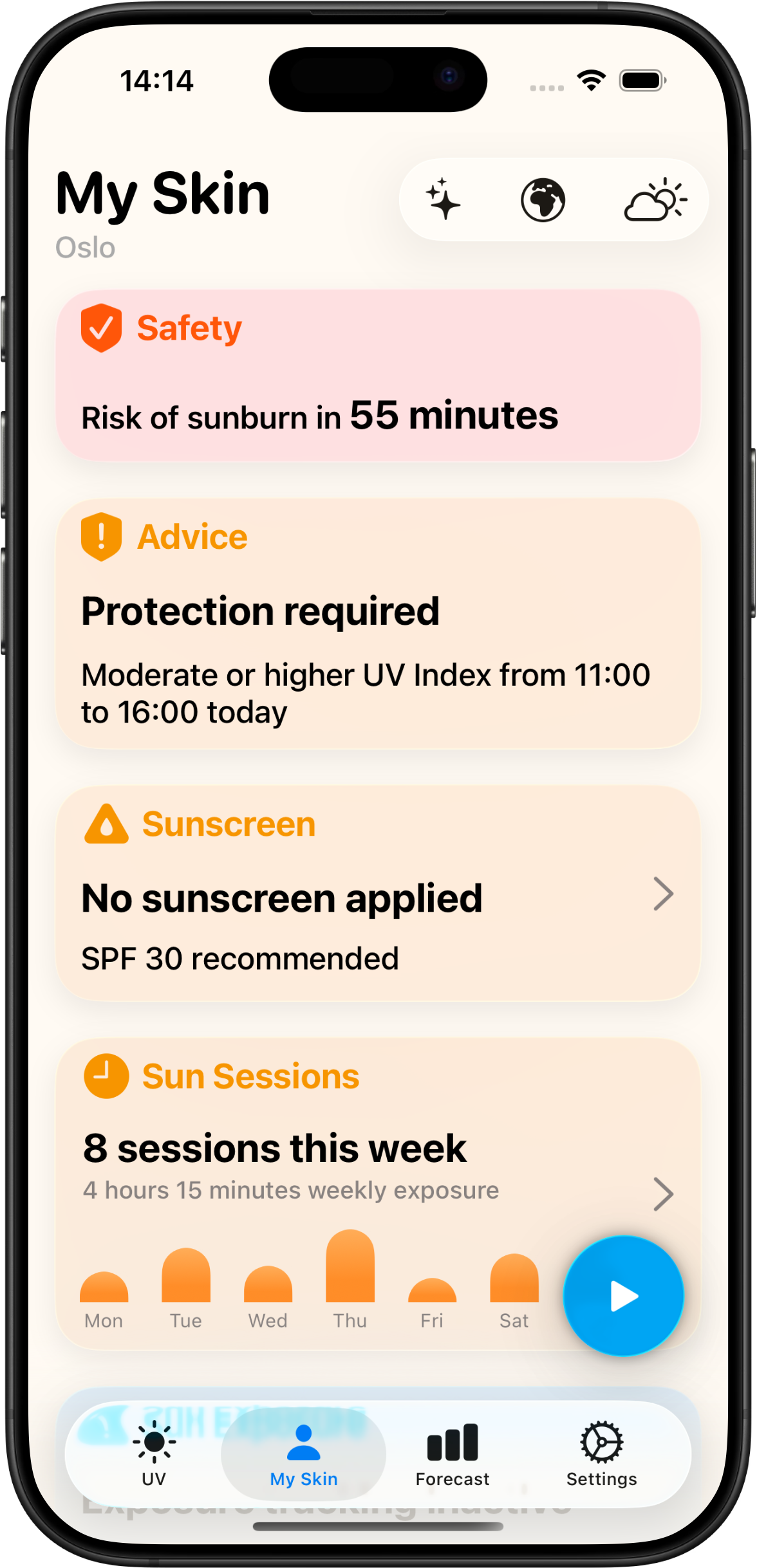 The My Skin tab on iPhone: a sunburn-risk countdown of 55 minutes, protection-required advice for 11:00 to 16:00, sunscreen status with SPF 30 recommended, and a weekly Sun Sessions exposure chart